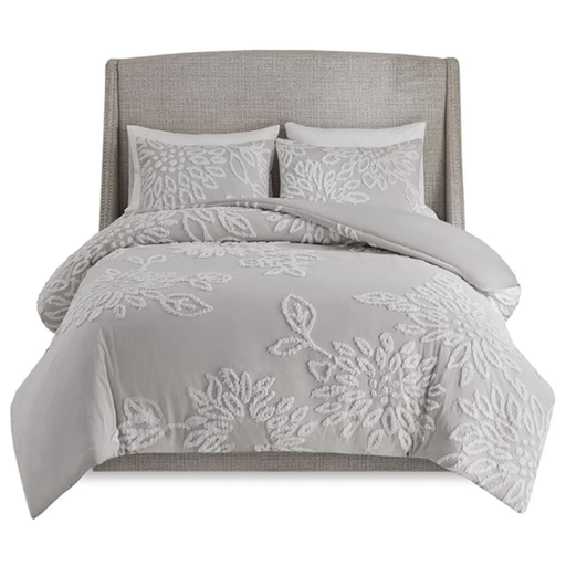 [174174-BB] Veronica 3 Piece Tufted Cotton Chenille Floral Queen Comforter Set Grey