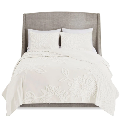 [174176-BB] Veronica 3 Piece Tufted Cotton Chenille Floral Queen Comforter Set Off-White