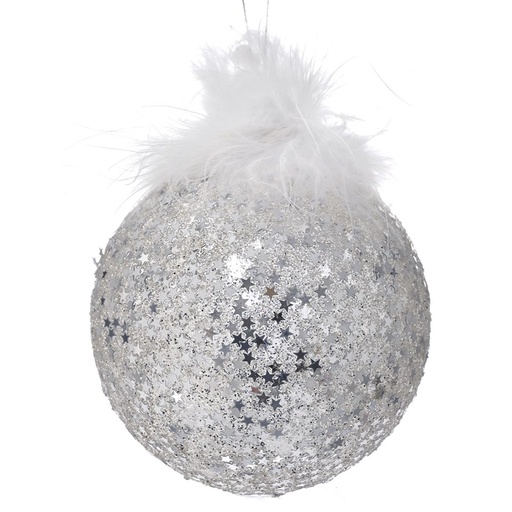 [174433-BB] Silver Glass Ball Ornament with Feathers 4in
