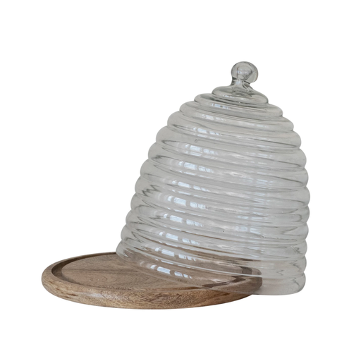 [174688-BB] Beehive Shaped Glass Cloche With Wood Stand 11in
