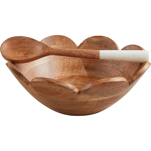 [175832-BB] Wood Scalloped Bowl With Serving Spoon