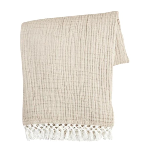 [176258-BB] Muslin Throw With Macrame Border Taupe 60x50in