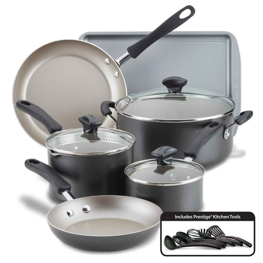 [176570-BB] Farberware Aluminum Nonstick Cookware Set Pewter 15pc