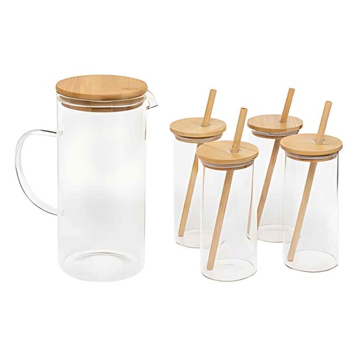 [176758-BB] Bamboo Glass & Pitcher Set 5pc