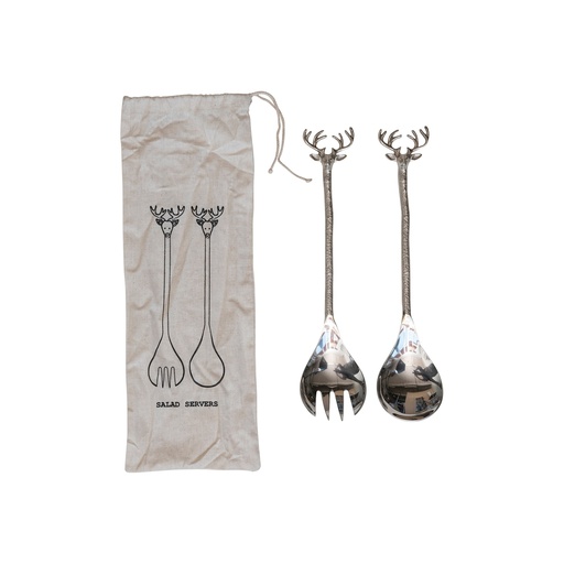 [177005-BB] Salad Servers with Reindeer Handles Stainless Steel & Brass 2pc