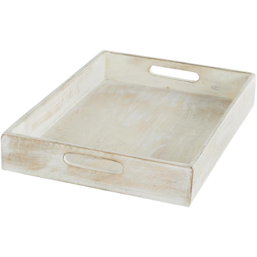 [176891-BB] Mango Whitewashed Tray With Carved Mandala 16in