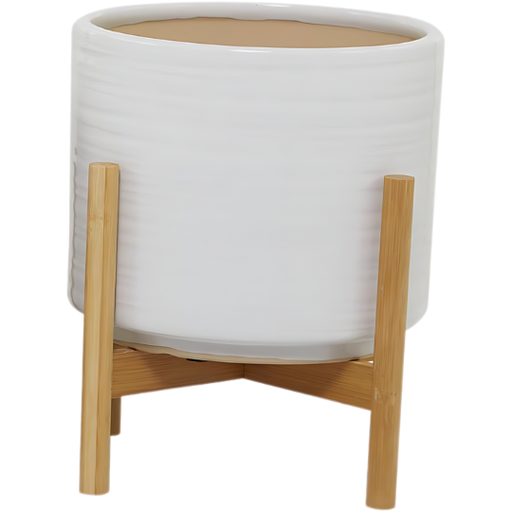 [176956-BB] Ceramic Planter With Wood Base 9in