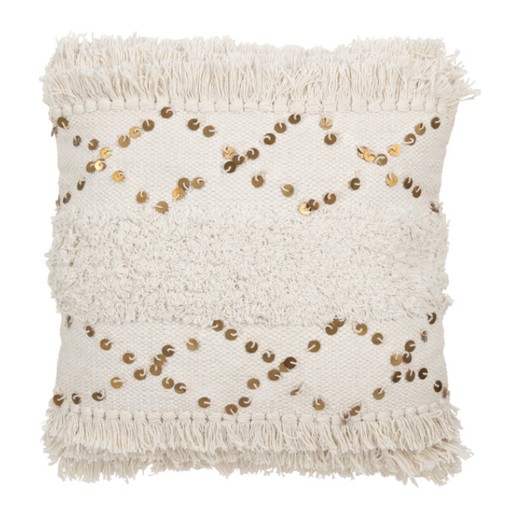 [177288-BB] Fringed Tufted Sequin Pillow Cream Gold 18in