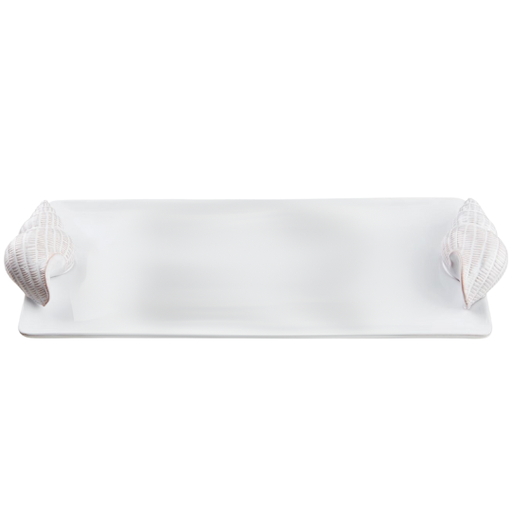 [178366-BB] Milk Glazed Terracotta Shell Tray with Handles 14.25x6in