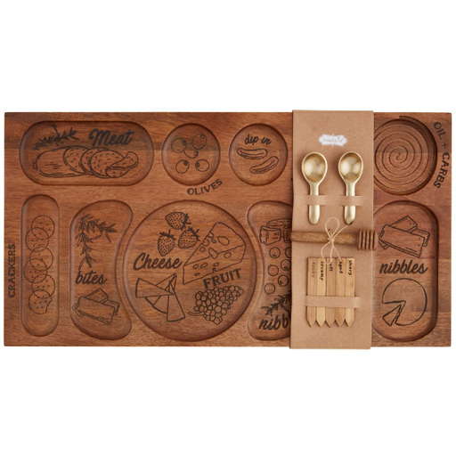 [178372-BB] Mango Wood Engraved Charcuterie Set 9pc 22x11.5in