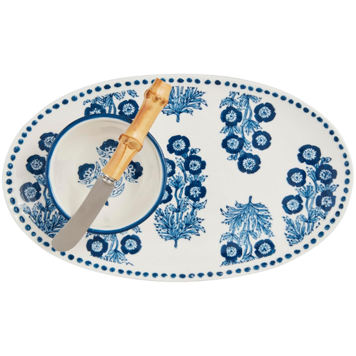 [178380-BB] Blue Floral Serving Platter and Tidbit Set 2pc 11.25x6.75in