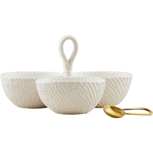 [178383-BB] Basket Weave Stoneware Triple Tidbit Bowls Set 2pc 8x5.5in