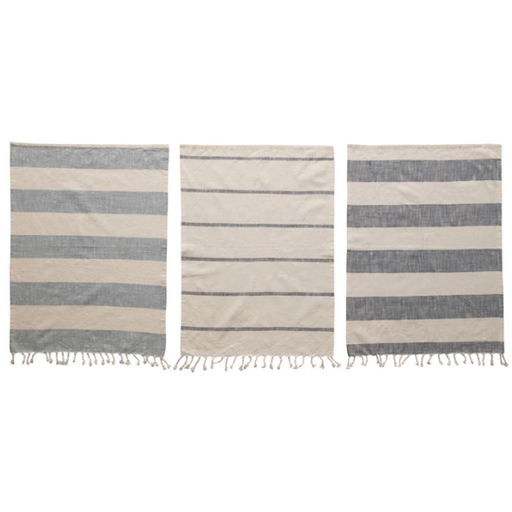 [178519-BB] Cotton Striped Kitchen Towels With Fringe Blue & White 3pc