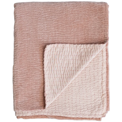 [178548-BB] Hand-Embroidered Kantha Cotton Velvet Throw Blush 60x50in