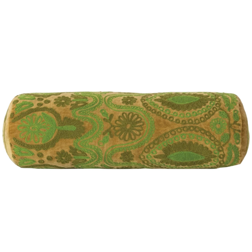 [178575-BB] Velvet Embroidered Bolster Pillow Green 21x7in