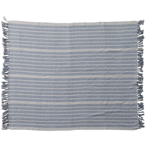 [178577-BB] Striped Cotton Throw With Fringe Blue Natural 60x50in