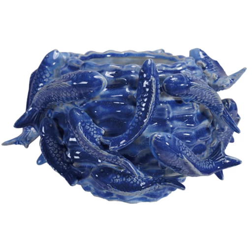 [178585-BB] Fish Handmade Stoneware Planter Blue Glaze 10.5x6in