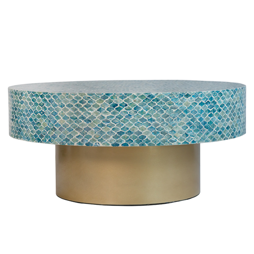 [179121-BB] Hyperion Capiz Inlay Drum Coffee Table Turquoise 35x16in