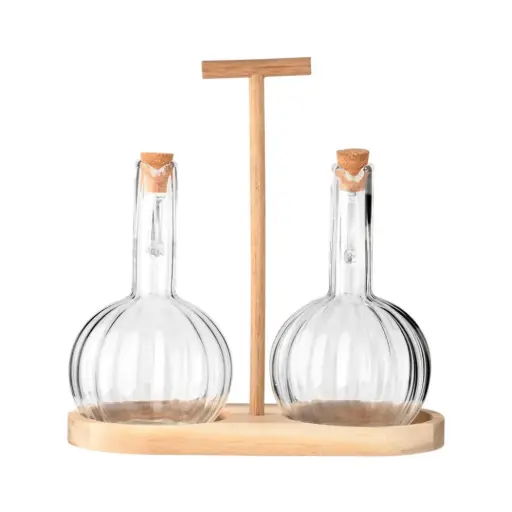 [179997-BB] Allure Glass Oil & Vinegar Set with Wood Base 3pc