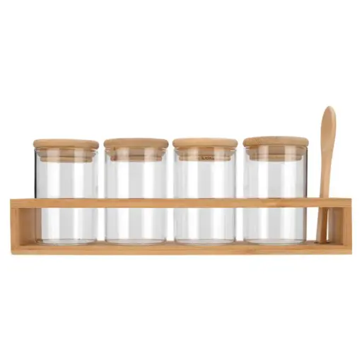 [180000-BB] Spice Jars with Bamboo Base & Spoon 6pc