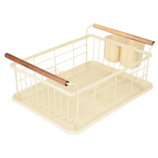 [180039-BB] Allure Metal Dish Rack with Wood Handles Ivory