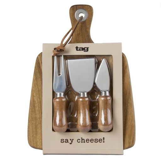 [160593-BB] Acacia Wood Cheese Board & Knives Set 4 pc