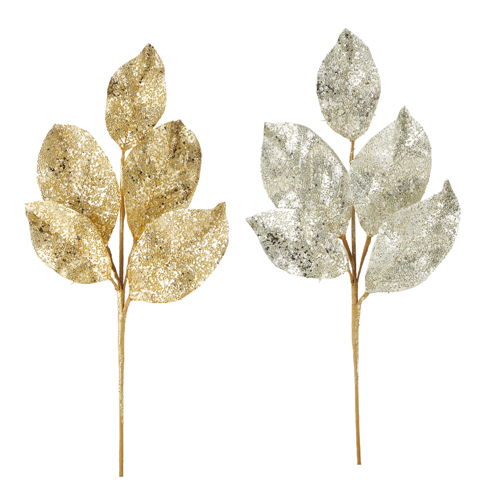 [167416-BB] Beaded Metallic Leaf Spray 24in Assorted