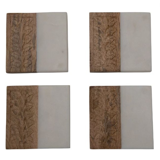 [164964-BB] Marble and Hand-Carved Wood Coasters Set of 4