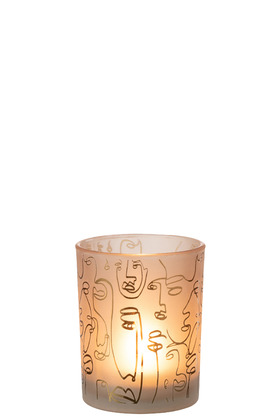 [165272-BB] Happy Faces Glass Candleholder Beige 5in