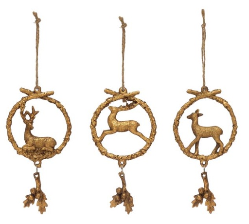 [165539-BB] Gold Wreath Ornament with Deer and Holly 5in Assortment